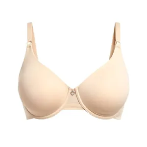Seamless beige underwire minimizer bra for plus size women, E F G cup supportive design