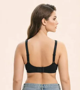 Detailed back view of a black plus size lace bra featuring wide adjustable shoulder straps.