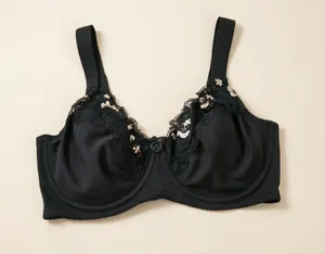 Detailed view of a black bra featuring exquisite floral lace embroidery and wide straps