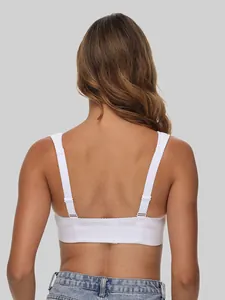 Back view of a white wire-free plus size bra featuring wide adjustable shoulder straps.