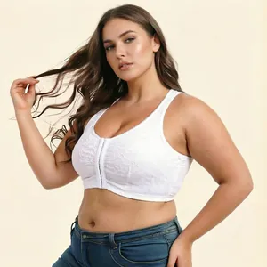 Plus size white lace wireless bra with front closure for women comfortable fit