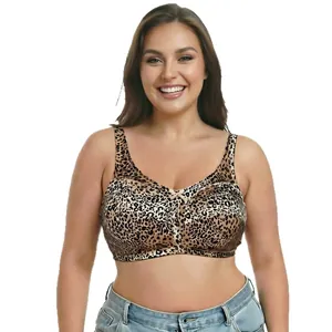 Plus size wire-free leopard print satin bra offering full cup comfort and thin style