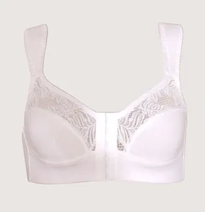 Detailed view of white wireless lace bra featuring front hook-and-eye closure