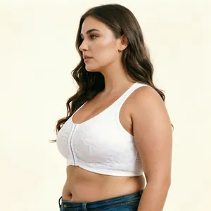 Plus size white lace front-close wireless bra on curvy model for comfortable daily wear