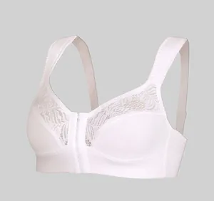Detailed view of white non-wired lace bra with front buckle and wide straps
