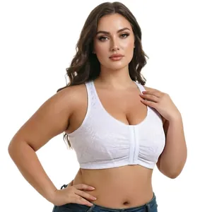 Plus size wireless lace front closure bra with breathable white floral design details