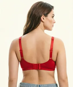 Back view of ultra-thin red lace bra with adjustable wide shoulder straps and triple hook closure