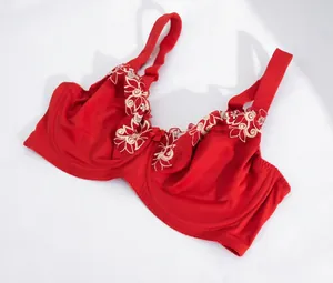 Macro detail shot of red floral lace embroidery on an ultra-thin wide strap bra.