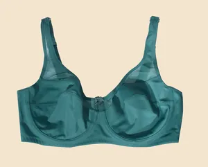 Detailed view of dark green mesh bra with underwire and supportive large cups design