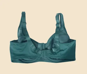 Back view of a dark green plus size mesh bra with adjustable straps