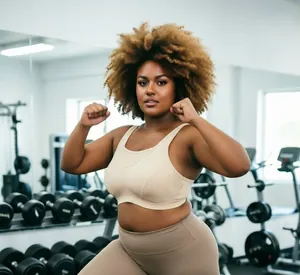 Hoogwaardige beige sportbeha in grote maten voor dames in een professionele sportschool