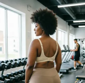 Gedetailleerd achteraanzicht beige plus size sportbeha voor yoga en fitness