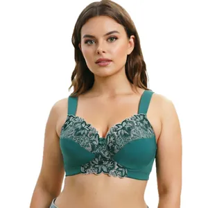 Elegante sujetador de talla grande sin aros verde con bordado floral y tirantes anchos