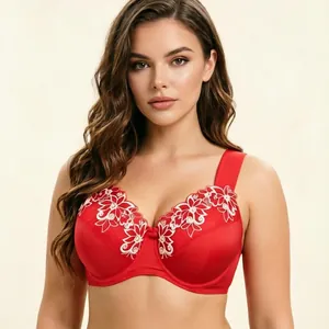 Plus size red bra with white floral embroidery and wide straps for firm support