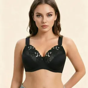 Elegant black lace bra with floral embroidery and wide straps for comfortable support