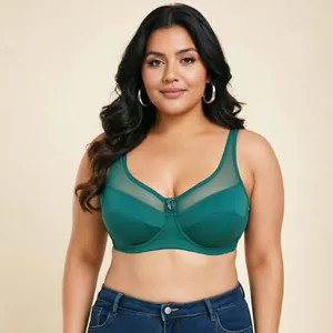 Women Plus Size Dark Green Mesh Patchwork Underwired Bra Top Breathable Push Up Anti-Sagging Full Cup Lingerie Simple Style