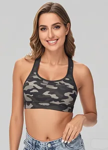 Detail shot of a camouflage sports bra with a racerback design for yoga fitness