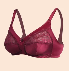 Elegant wine red lace拼接 ultra-thin full cup non-wired plus size bra for women