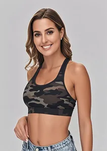 Detail view of a women's camouflage sports bra with a breathable racerback design