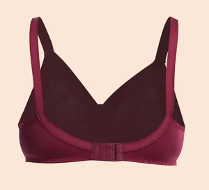Back view detail of burgundy lace full-cup wireless bra with hook-and-eye closure