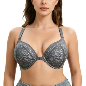 Elegante reggiseno grigio in pizzo con chiusura anteriore e design push-up per un sostegno