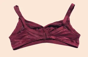 Rear view detail of a wine red ultra-thin lace patchwork wire-free bra