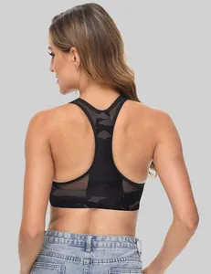 Back view of a black camouflage racerback sports bra with breathable mesh details