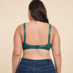 Back view of a plus-size dark green mesh bra with underwire for push-up support