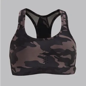 Breathable camouflage racerback sports bra featuring mesh panels for yoga fitness training
