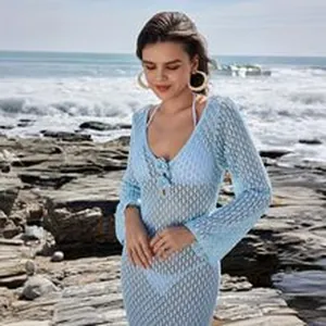 Elegant light blue hollow-out crochet maxi beach cover-up dress with V-neck design