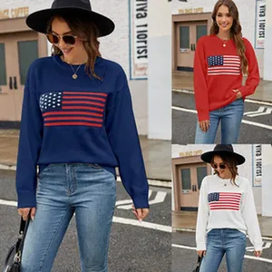 Knitted long-sleeved pullover sweater with American flag design in navy, red, and white