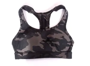 Front view of camouflage racerback sports bra with laser cut breathability.