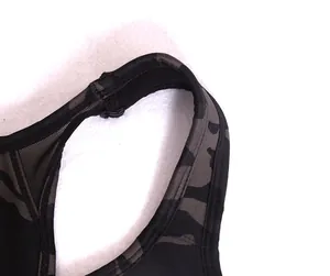 Close-up detail of camouflage racerback sports bra shoulder strap with breathable mesh fabric