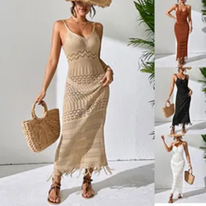 Detail view showing the slim fit hollow-out knit maxi dress and available color variants