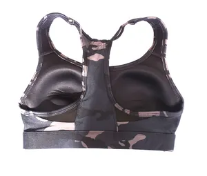 Interior view of shockproof camo racerback sports bra with integrated padding for yoga