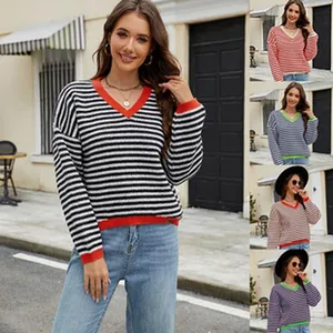 Casual women's V-neck striped sweater with colorful trim in multiple stylish color options