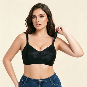 Damen Übergröße BH Ohne Bügel Komfortabel Breite Gurte Vollschale Dünn Atmungsaktiv Bestickt Sexy Lingerie Schwarz Nylon Top