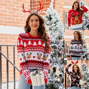 Collage de suéteres navideños para mujer con renos festivos y motivos de copos de nieve.