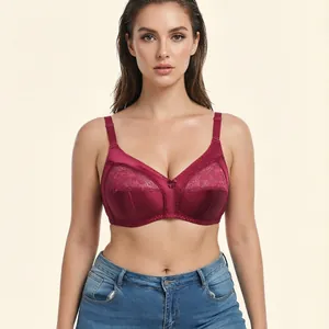 Wine red full cup lace patchwork bra with ultra-thin semi-transparent design for women