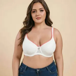 Comfortable white lace plus size bra with wide pressure-reducing straps and pink trim