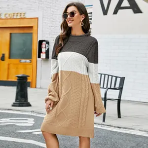 Casual street style loose batwing sleeve cable knit colorblock sweater dress