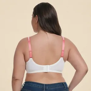Back view of plus size white bra with wide pink adjustable straps for comfort