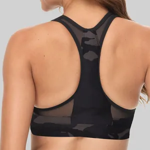 Back view of a racerback sports bra with camouflage pattern and mesh panels for yoga fitness