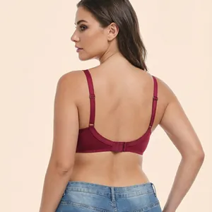 Elegantly designed wine red ultra-thin full cup wireless lace bra, showing detailed back view