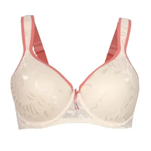 Plus size lace bra with wide pressure-relieving straps in cream and coral color.