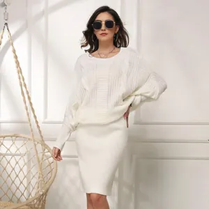 Full view of white loose batwing sleeve knit sweater and matching skirt two-piece set
