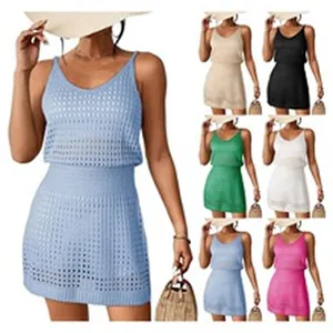 Hollow-out knit V-neck sleeveless beach cover-up dress in multiple colors