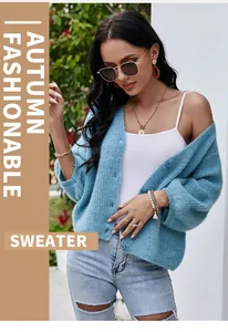 Stylish blue V-neck short knitted cardigan with loose fit three-quarter sleeves