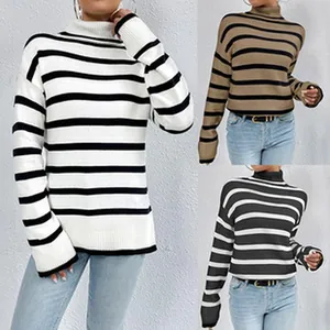 Detail view of women's long-sleeved striped turtleneck sweaters in three colors