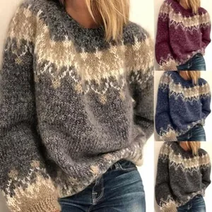 Cozy Fair Isle patterned knit sweater pullover showing various color options for winter